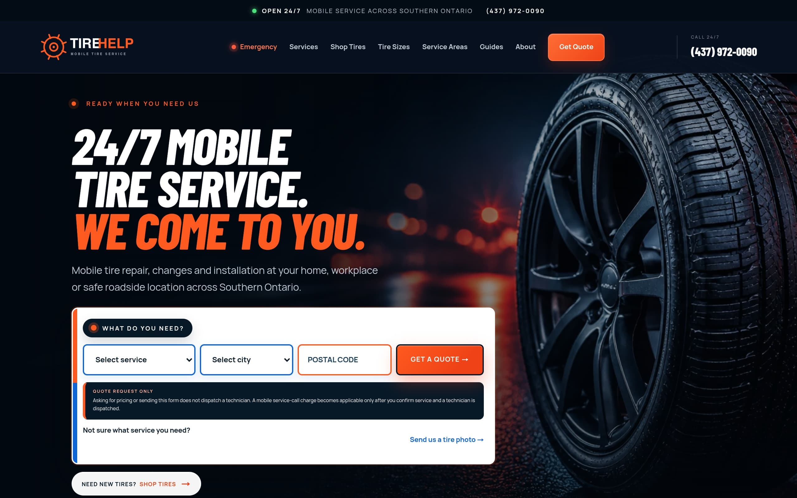Tire Help Canada live website screenshot built by AIHOSTON